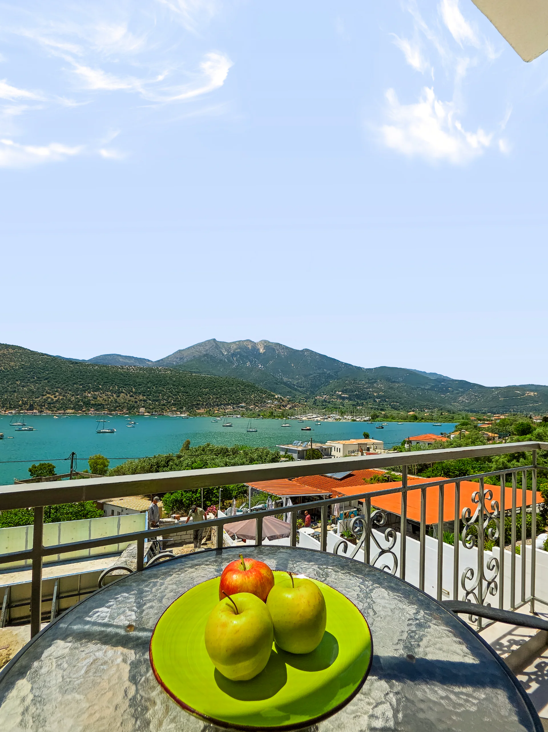 Studio 1: view across Geni Bay and the green hills of Lefkada
