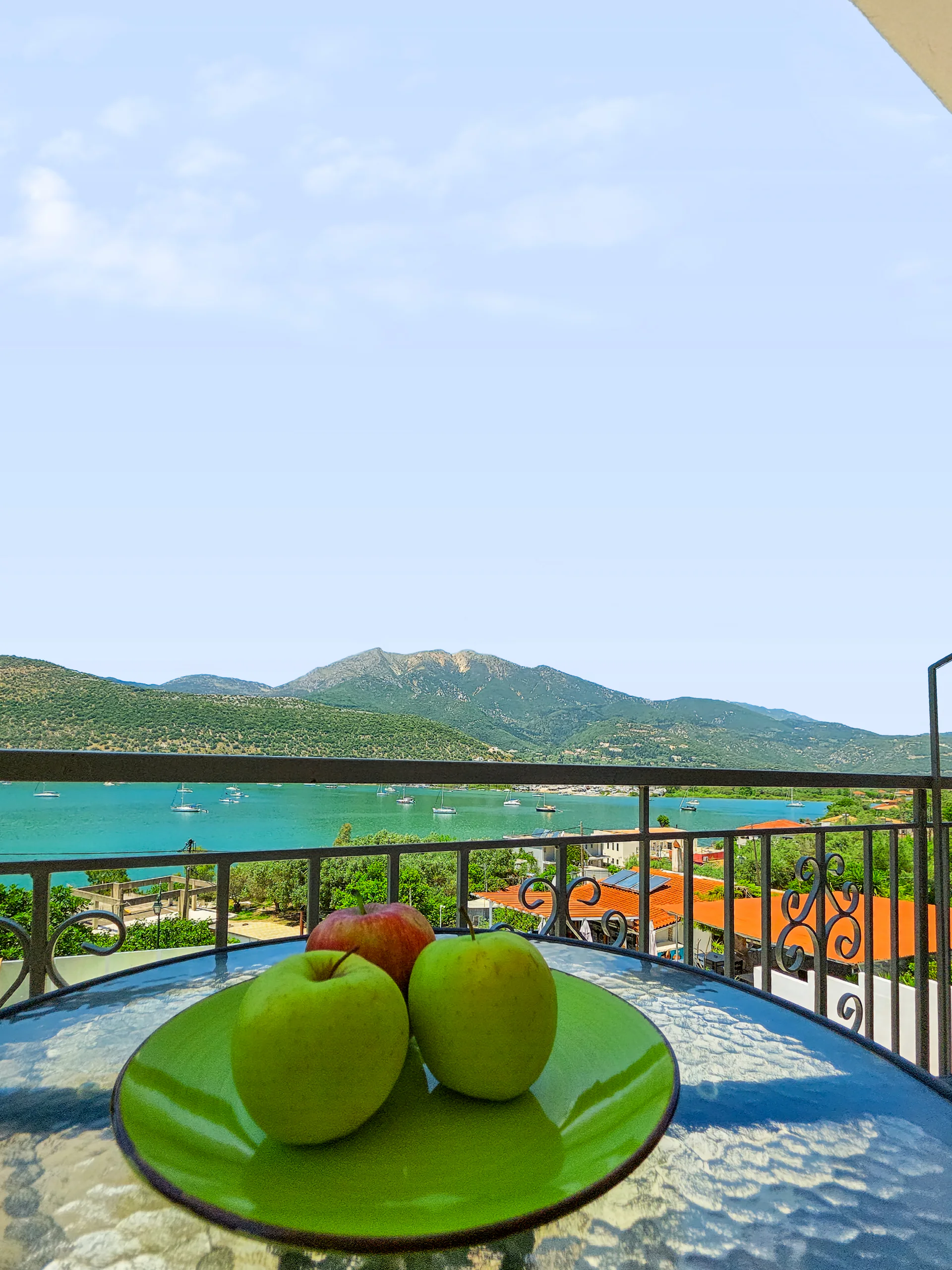 Studio 2: view across Geni Bay and the green hills of Lefkada