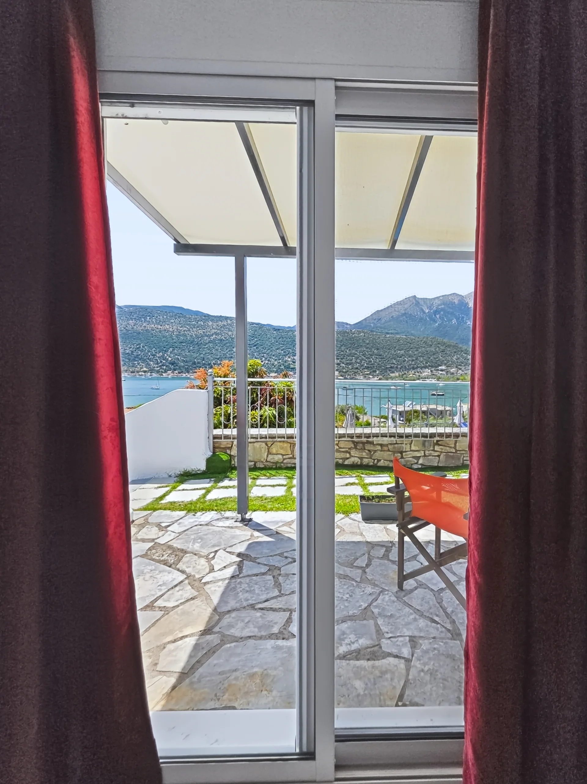 Villa 1: view across Geni Bay and the green hills of Lefkada