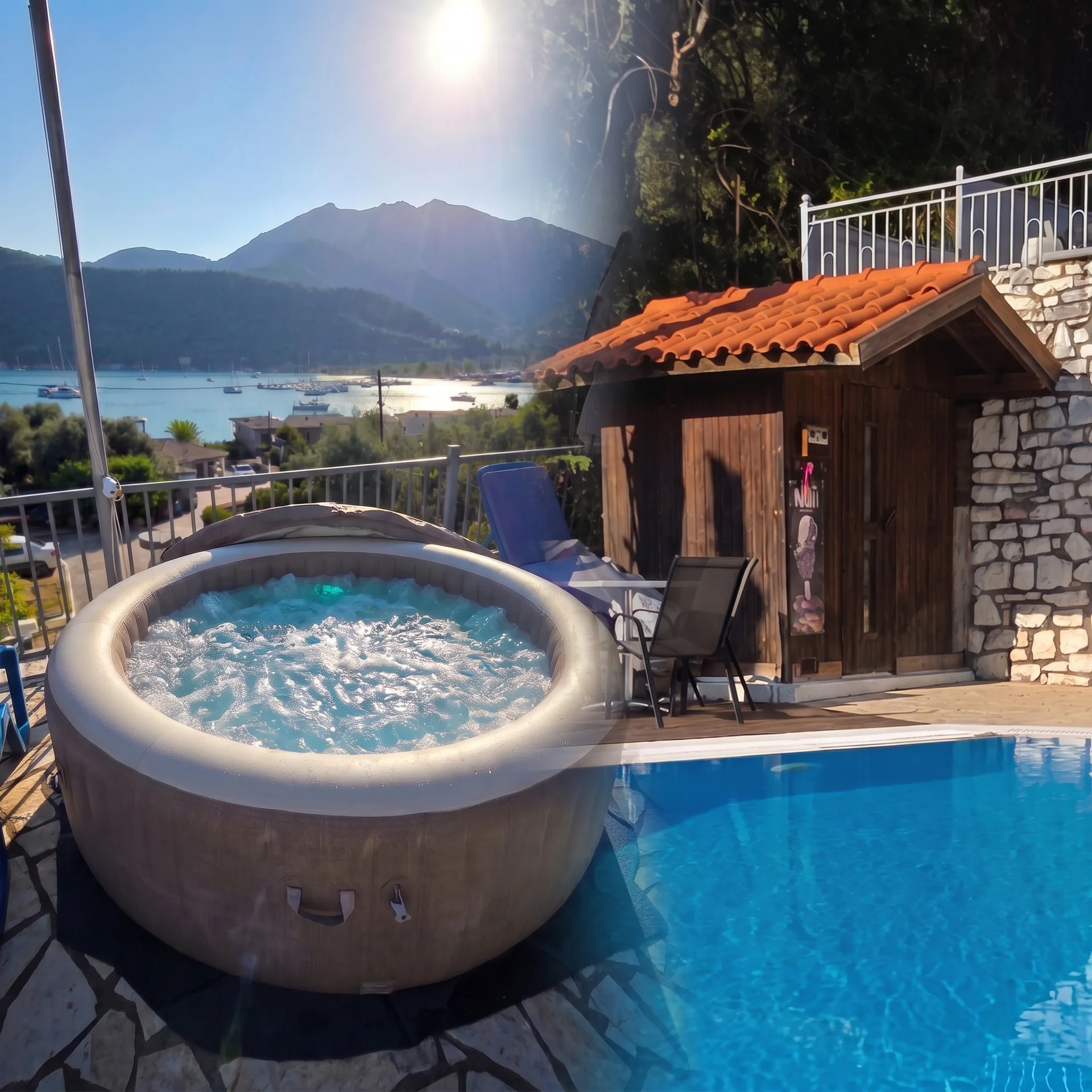 The jacuzzi beside the sauna and large pool, overlooking Geni Bay